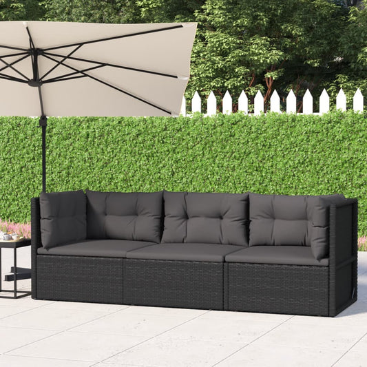 3-piece garden lounge set with cushions black poly rattan