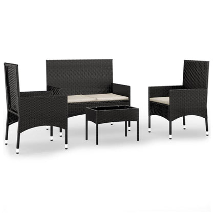 4-piece garden lounge set with cushions black poly rattan