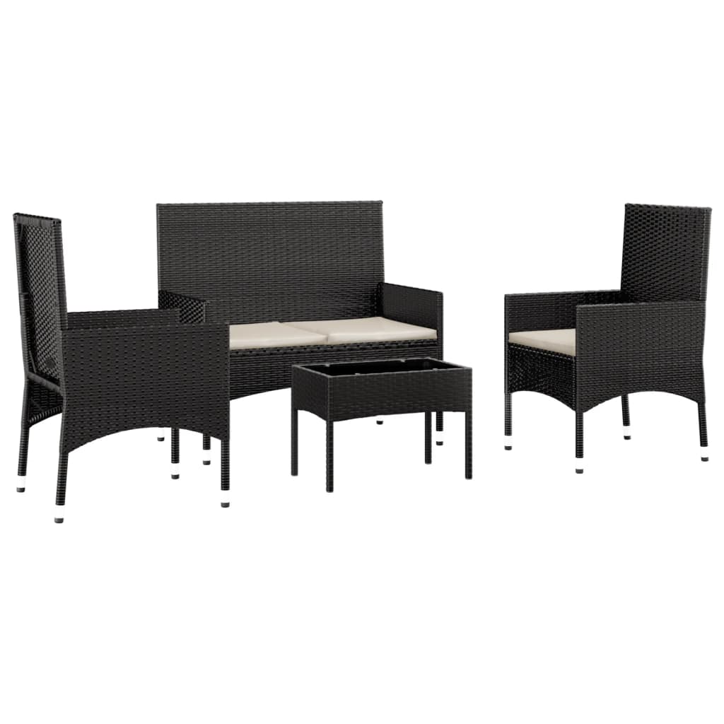4-piece garden lounge set with cushions black poly rattan