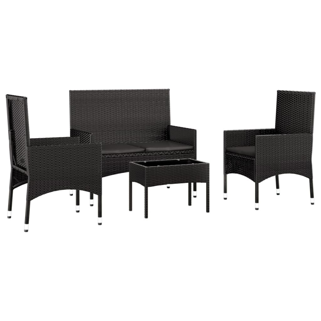 4-piece garden lounge set with cushions black poly rattan