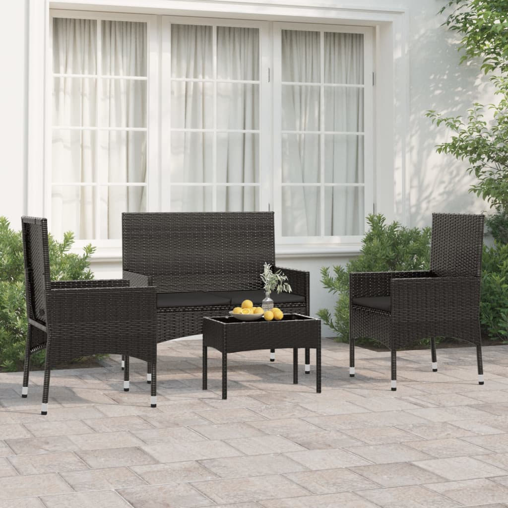 4-piece garden lounge set with cushions black poly rattan