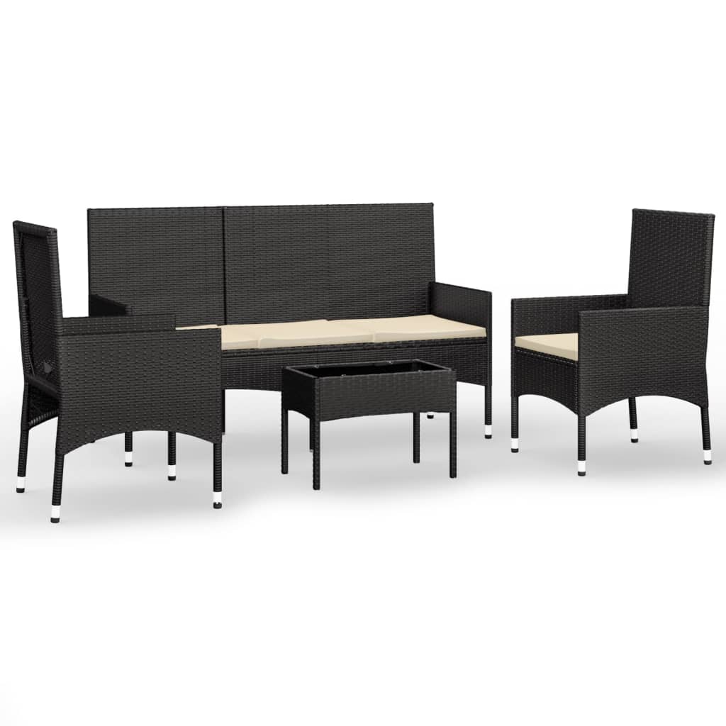 4-piece garden lounge set with cushions black poly rattan