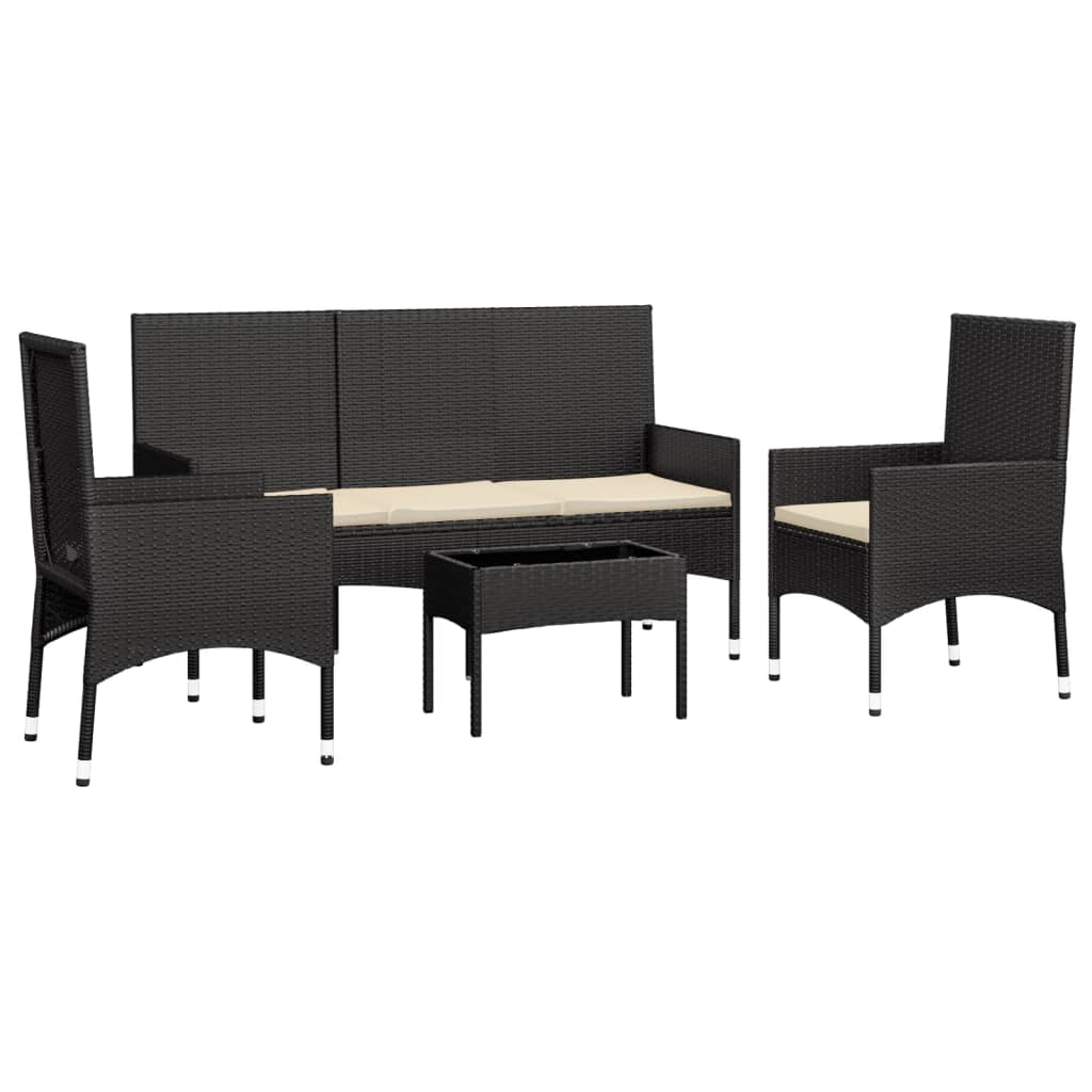 4-piece garden lounge set with cushions black poly rattan