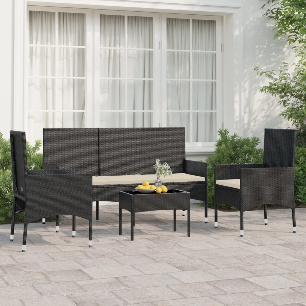 4-piece garden lounge set with cushions black poly rattan