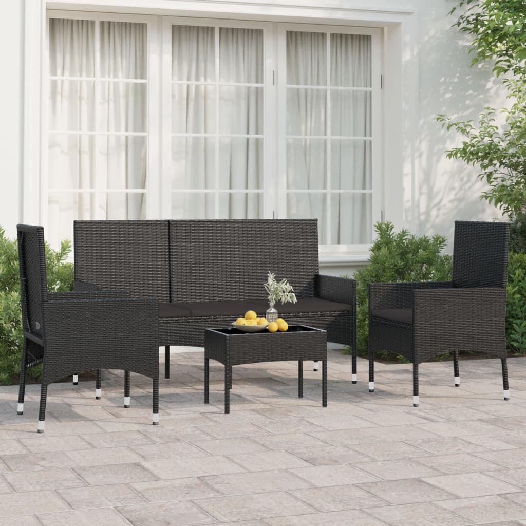 4-piece garden lounge set with cushions black poly rattan