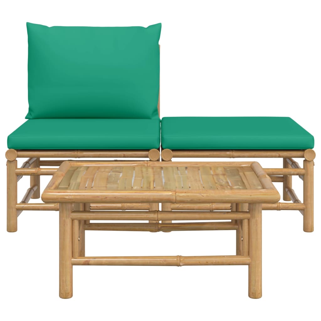 3-piece garden lounge set with green cushions bamboo