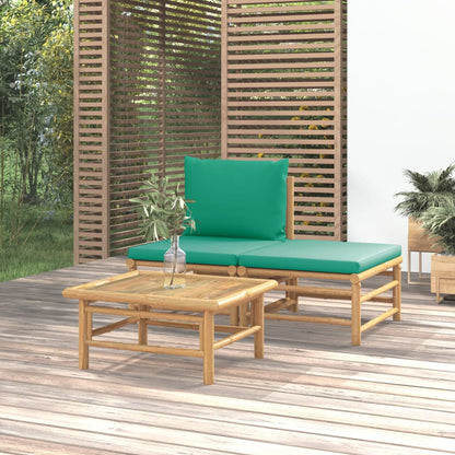 3-piece garden lounge set with green cushions bamboo