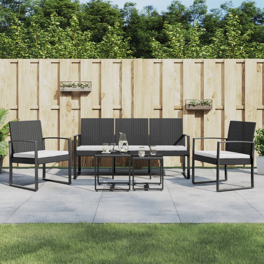5-piece garden dining set with cushions black PP rattan