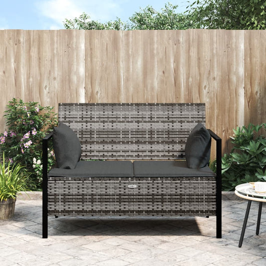 Garden bench 2-seater with cushion grey poly rattan
