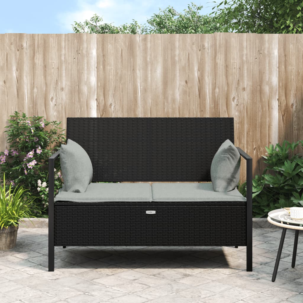 Garden bench 2-seater with cushions black poly rattan