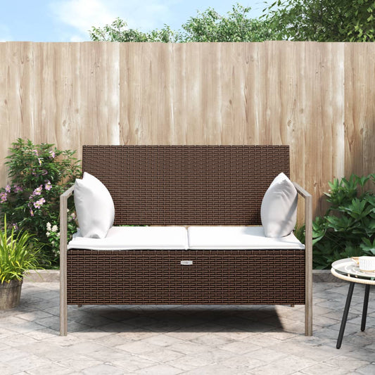 Garden bench 2-seater with cushions brown poly rattan