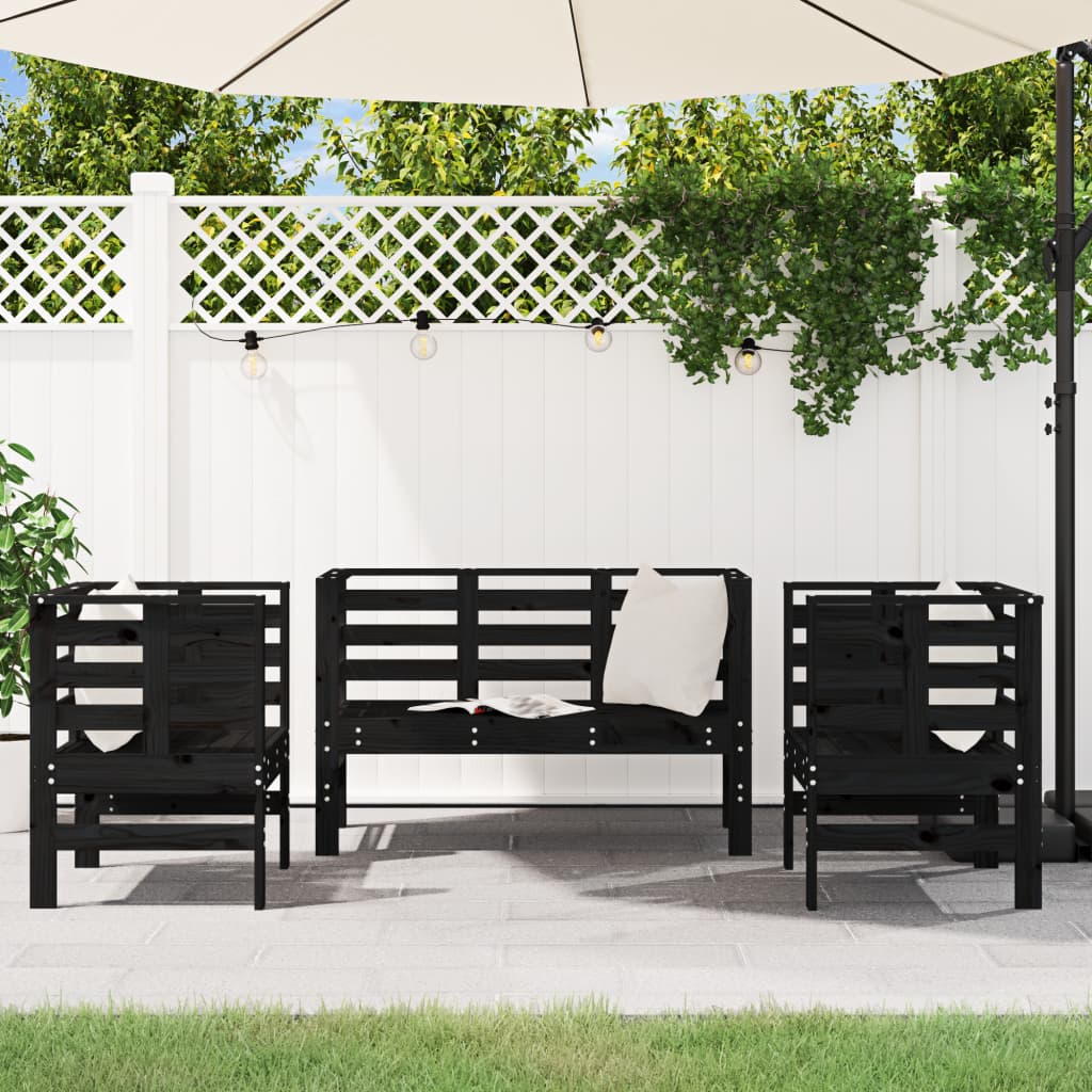 3-piece garden lounge set black solid pine
