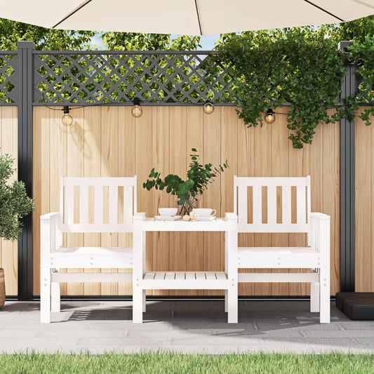 Garden bench with table 2-seater white solid pine