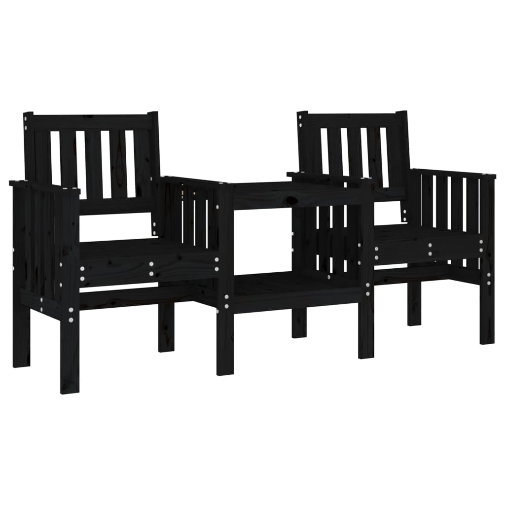 Garden bench with table 2-seater black solid pine