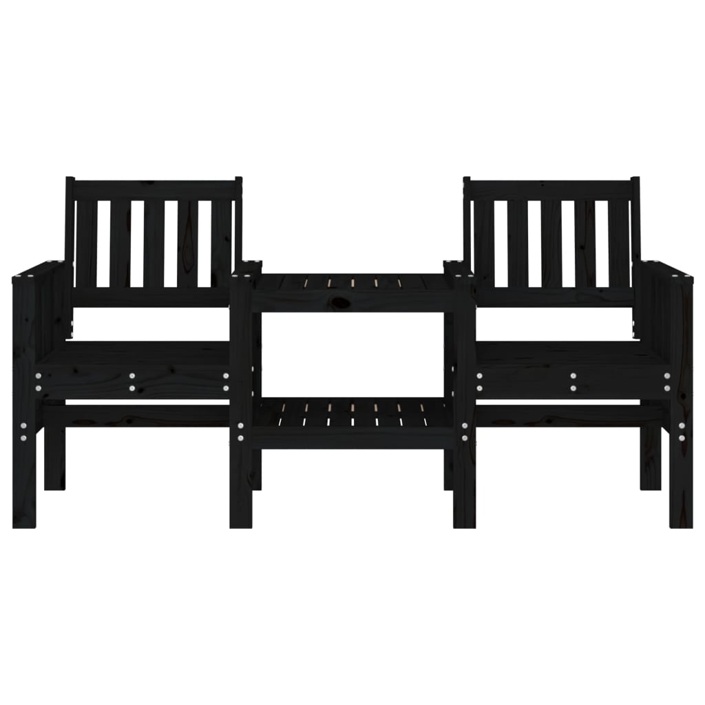 Garden bench with table 2-seater black solid pine
