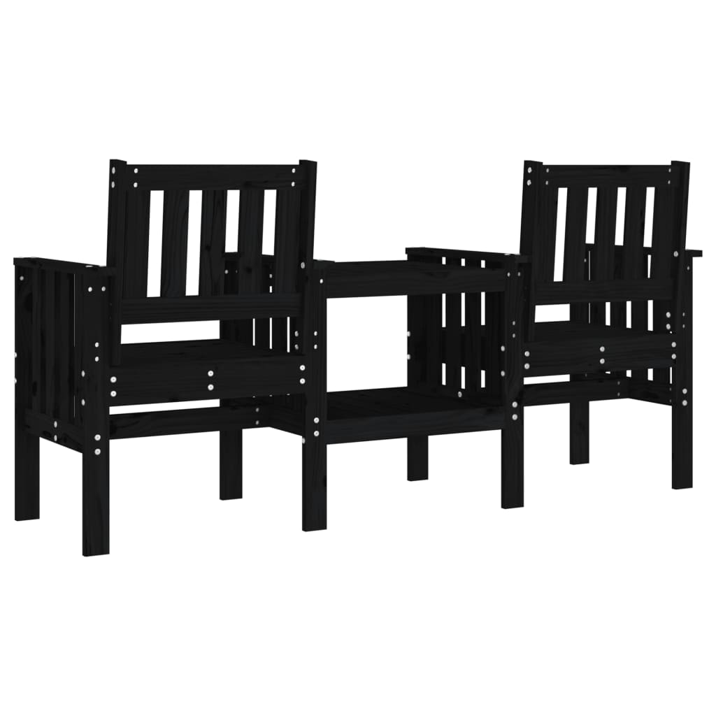Garden bench with table 2-seater black solid pine