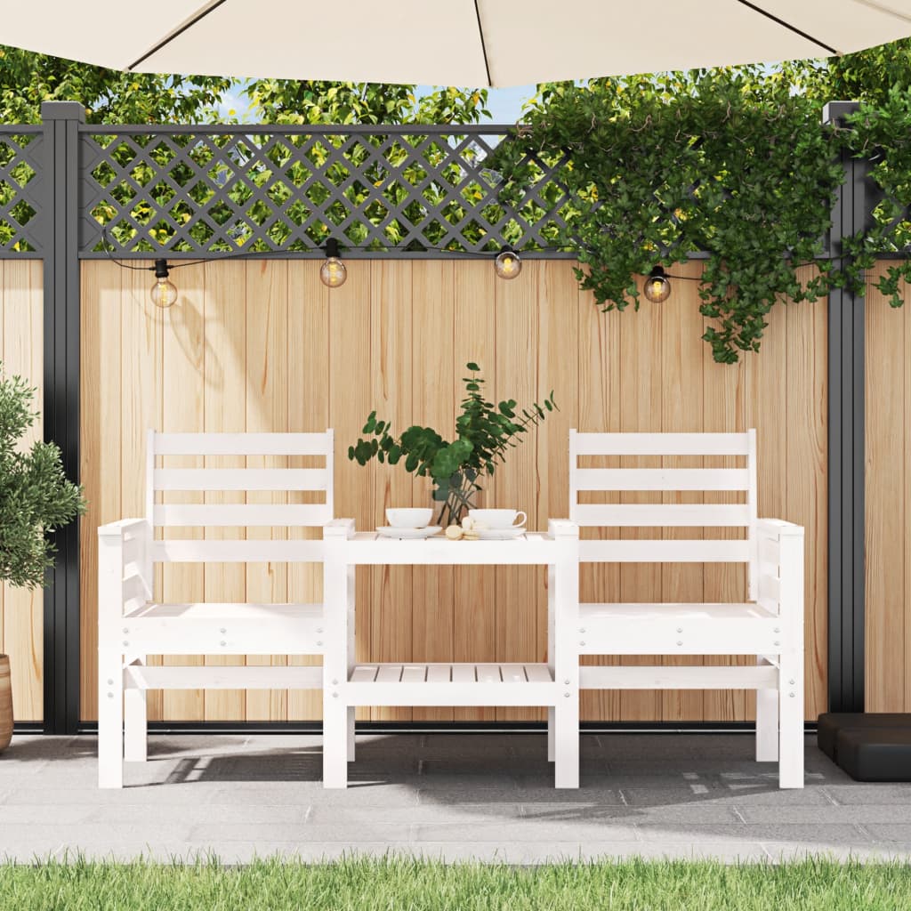 Garden bench with table 2-seater white solid pine