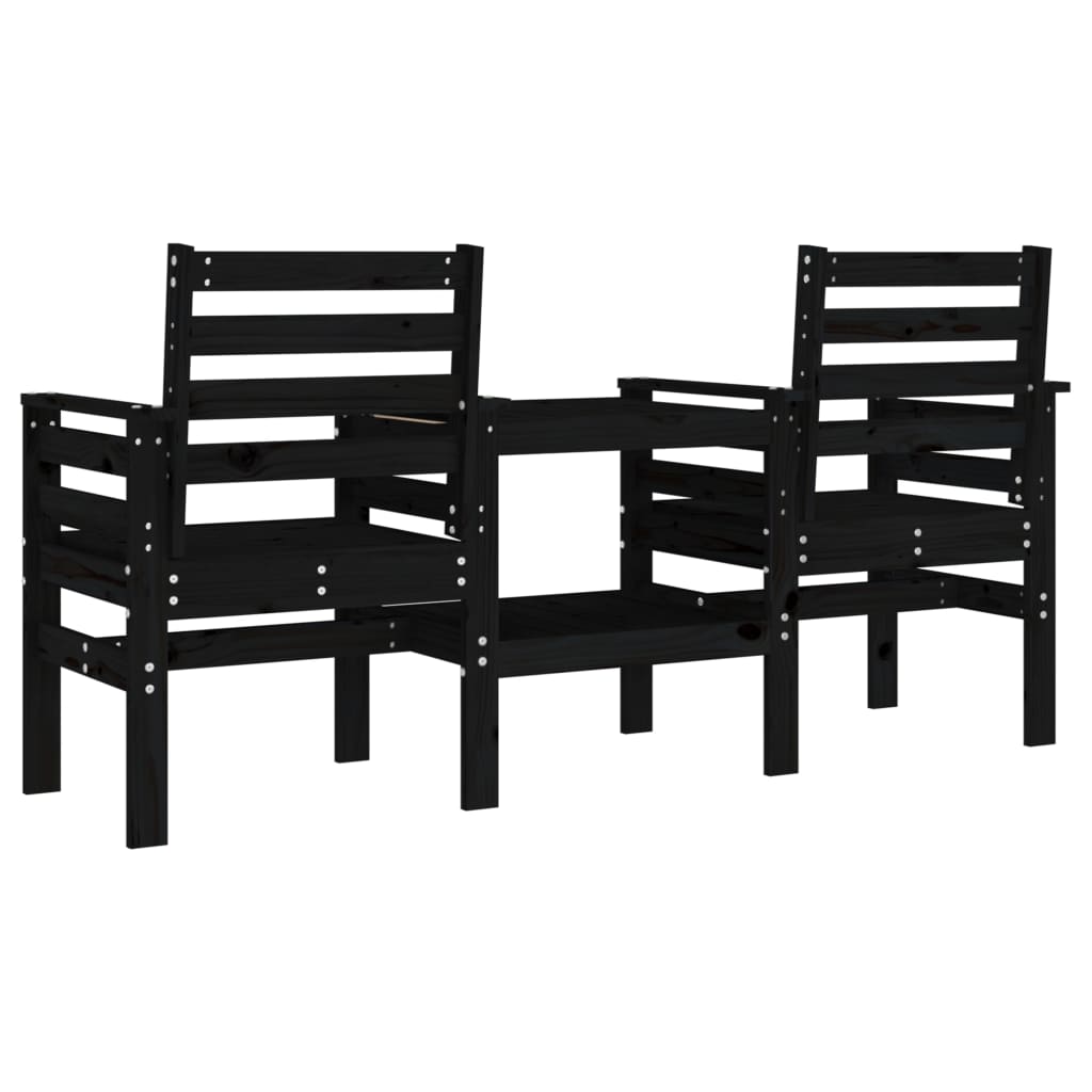 Garden bench with table 2-seater black solid pine