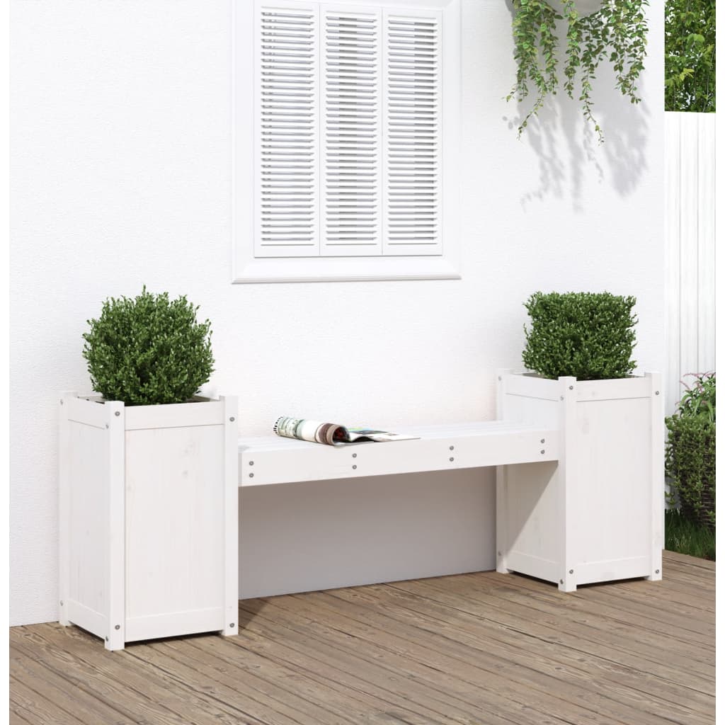 Garden bench with plant pots white 180x36x63 cm solid pine