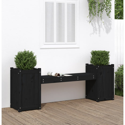 Garden bench with plant pots black 180x36x63 cm solid wood