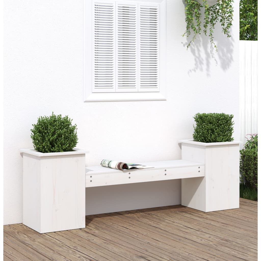 Garden bench with plant pots white 184,5x39,5x56,5 cm pinewood