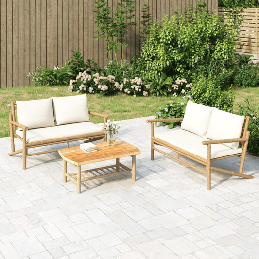2-piece garden lounge set with cream white cushions bamboo