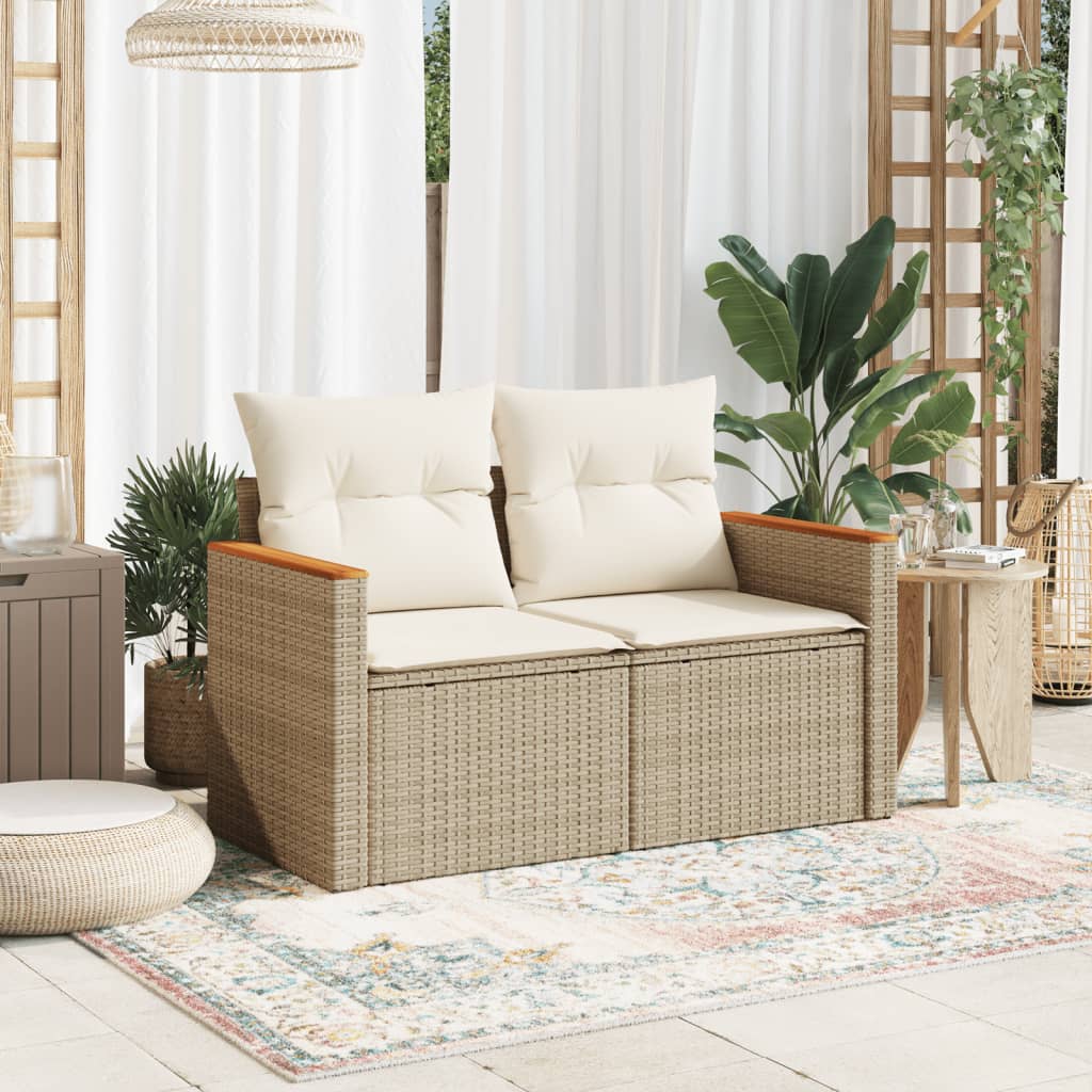 Garden sofa with cushions 2-seater beige poly rattan