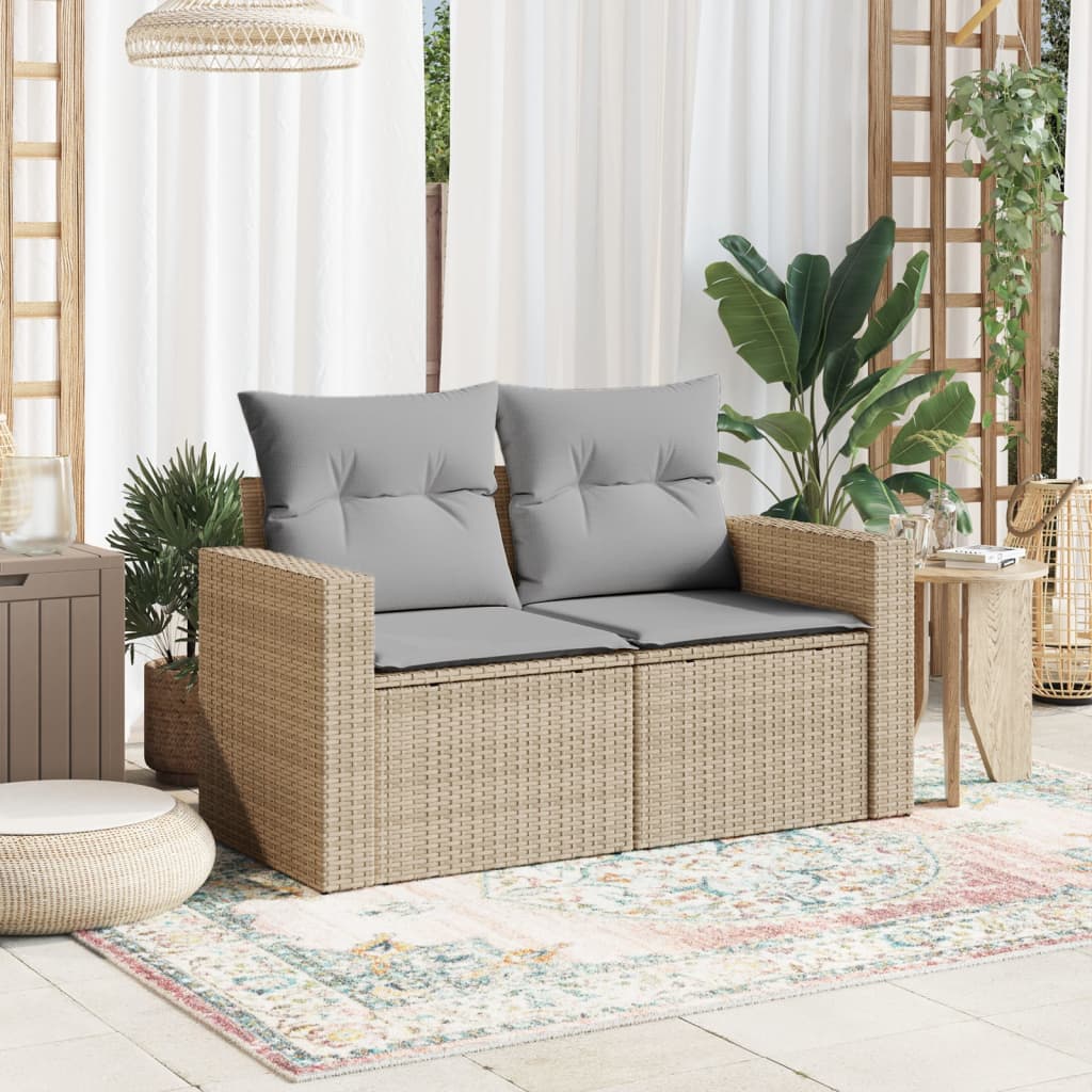 Garden sofa with cushions 2-seater beige poly rattan